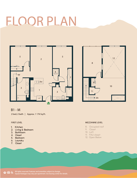 A floor plan of a property with two bedrooms and two bathrooms.